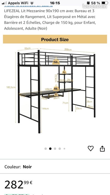 Lit Mezzanine LIFEZEAL 90x190 cm avec Bureau et 3 Étagères de Rangement, Lit Superposé en Métal avec Barrière et 2 Échelles, Charge de 150 kg, pour Enfant, Adolescent, Adulte (Noir) (image 1)