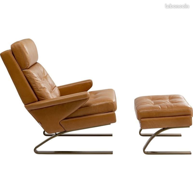 FAUTEUIL ET POUF DESIGN CUIR BRUN CLAIR Neuf (image 3)