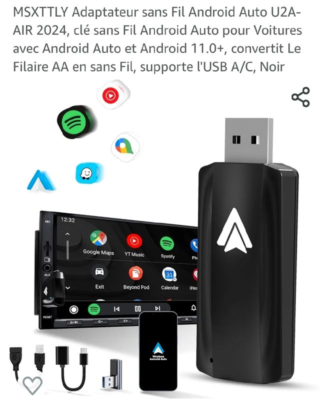 Adaptateur Sans Fil Auto Android - USB, USB-C - Noir