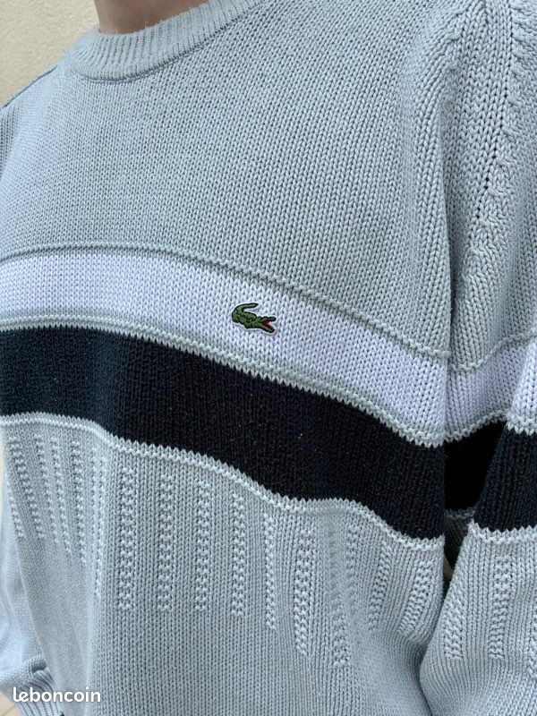 Pull Lacoste Vintage Gris En Maille Taille XL Très Bon État