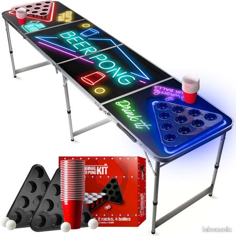 NAIZY Table Beer Pong Avec 100 Gobelets (50 Rouges/50 Bleus) Et 5 Balles – Réglable En Hauteur, Alu/MDF, Pliable – 242 X 62 Cm, Noir