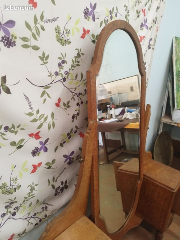 Coiffeuse psyché Art déco en chêne massif un miroir biseauté pivotant et un petit meuble de chaque côté (image 8)
