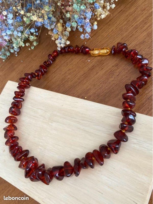 Collier Vintage En Ambrolithe Bordeaux Véritable - Longueur 62 Cm - Modèle #K15