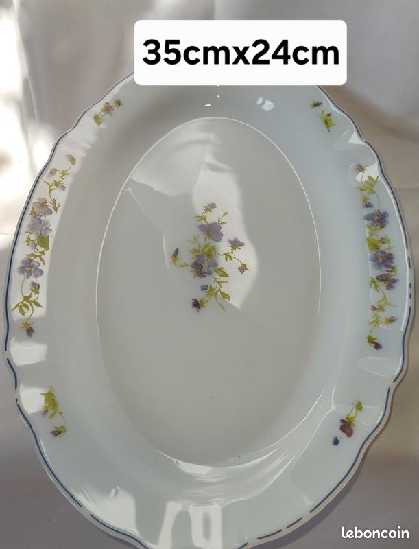 Grand Plat De Service Ovale Arcopal Vintage Motif Myosotis - Blanc, Très Bon état