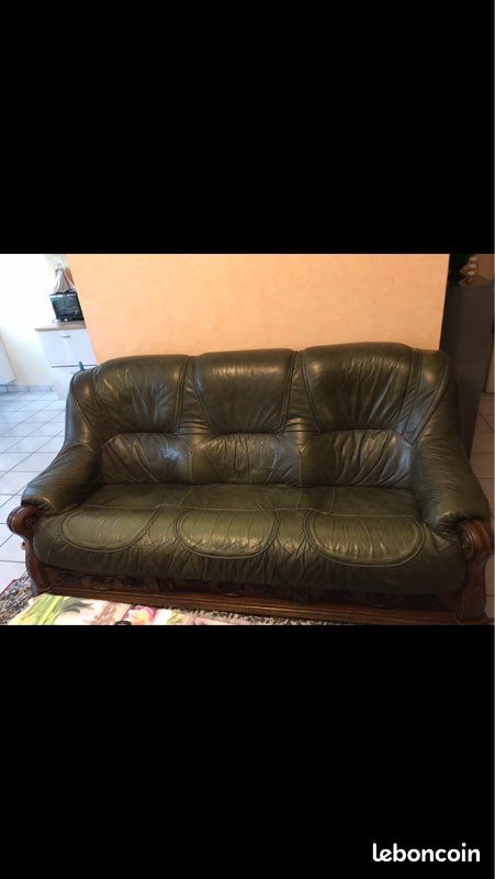 Canape fauteuil plus table basse en chêne et cuir (image 1)