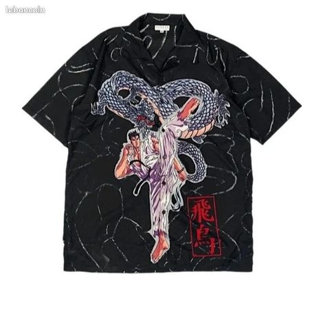 Chemise Vintage PHYS SCI - Imprimé Dragon Noir/Gris - Taille XL - 100% Coton - Occasion Très Bon État