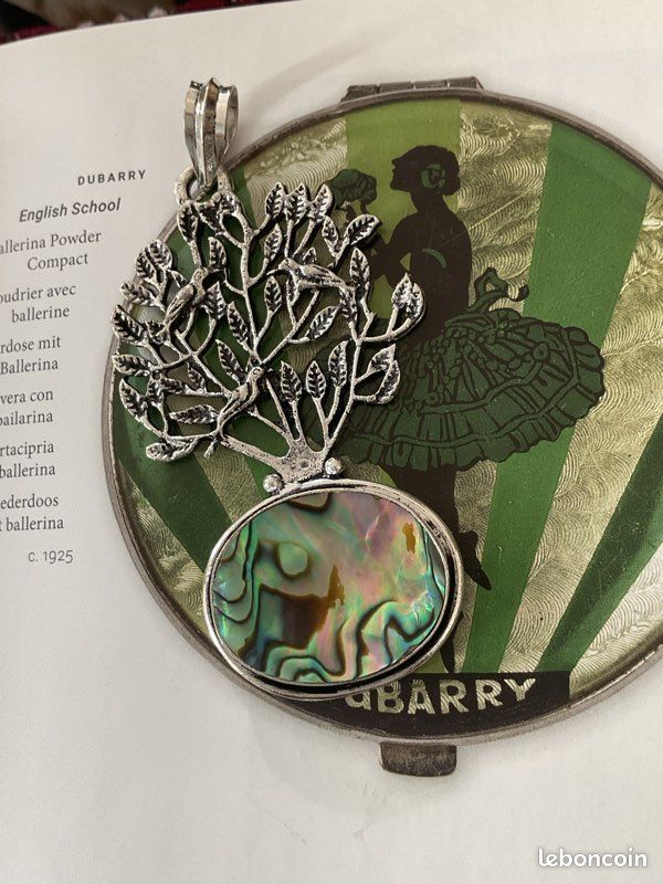 Pendentif Camée En Nacre Abalone Sur Chaîne Couleur Argent – Bijou Vintage – État Impeccable