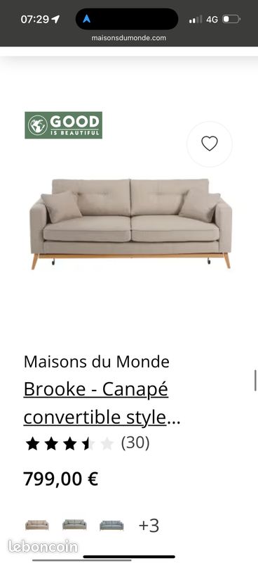 Vends canapé convertible 3 places maison du monde 2017 (image 1)