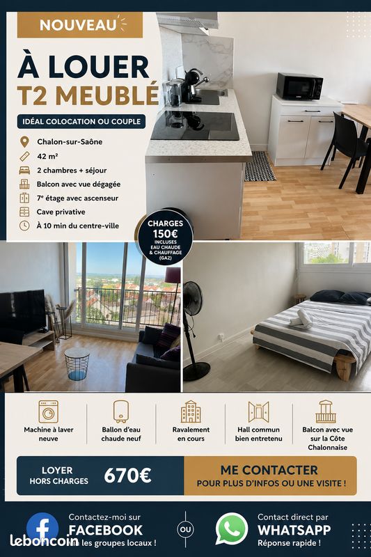 Appartement 3 pièces 45 m² · à Chalon-sur-Saône · 45 m² · 650 €/mois