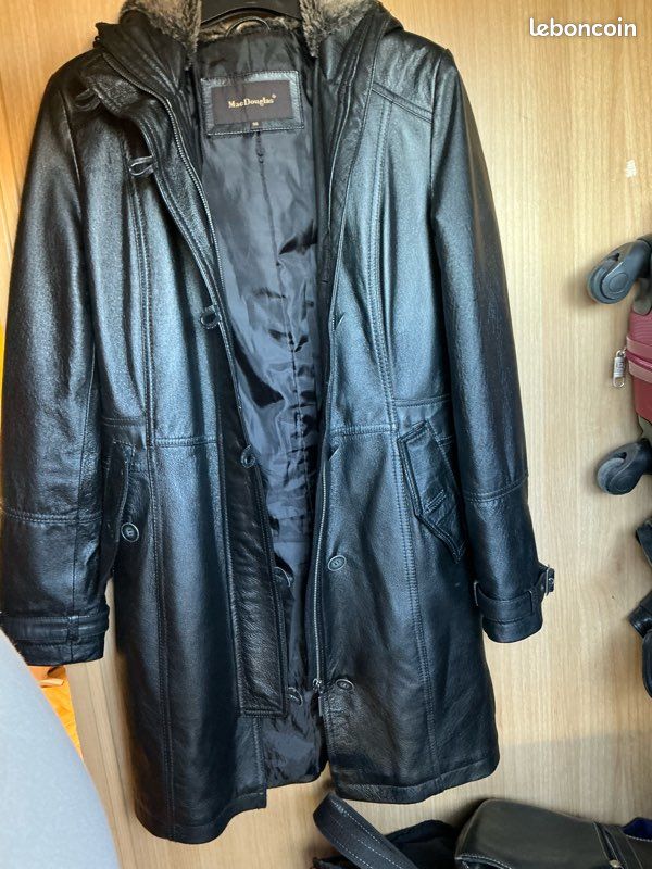 Manteau Femme En Cuir Noir - Taille 36 - Style Parka Mi-long - Occasion Très Bon État