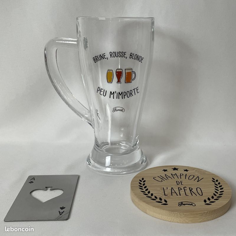 Coffret bière Champion de l'apéro Le Fabuleux Shaman Brune rousse blonde Peu m'importe Chope Dessous de verre Décapsuleur Transparent beige et gris Verre bois et métal NEUF Idée cadeau (image 4)