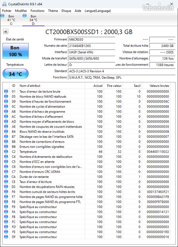 💾 SSD Interne Crucial BX500 2 To (2000 Go) SATA III 2,5" – État Neuf (100% Santé) (image 2)