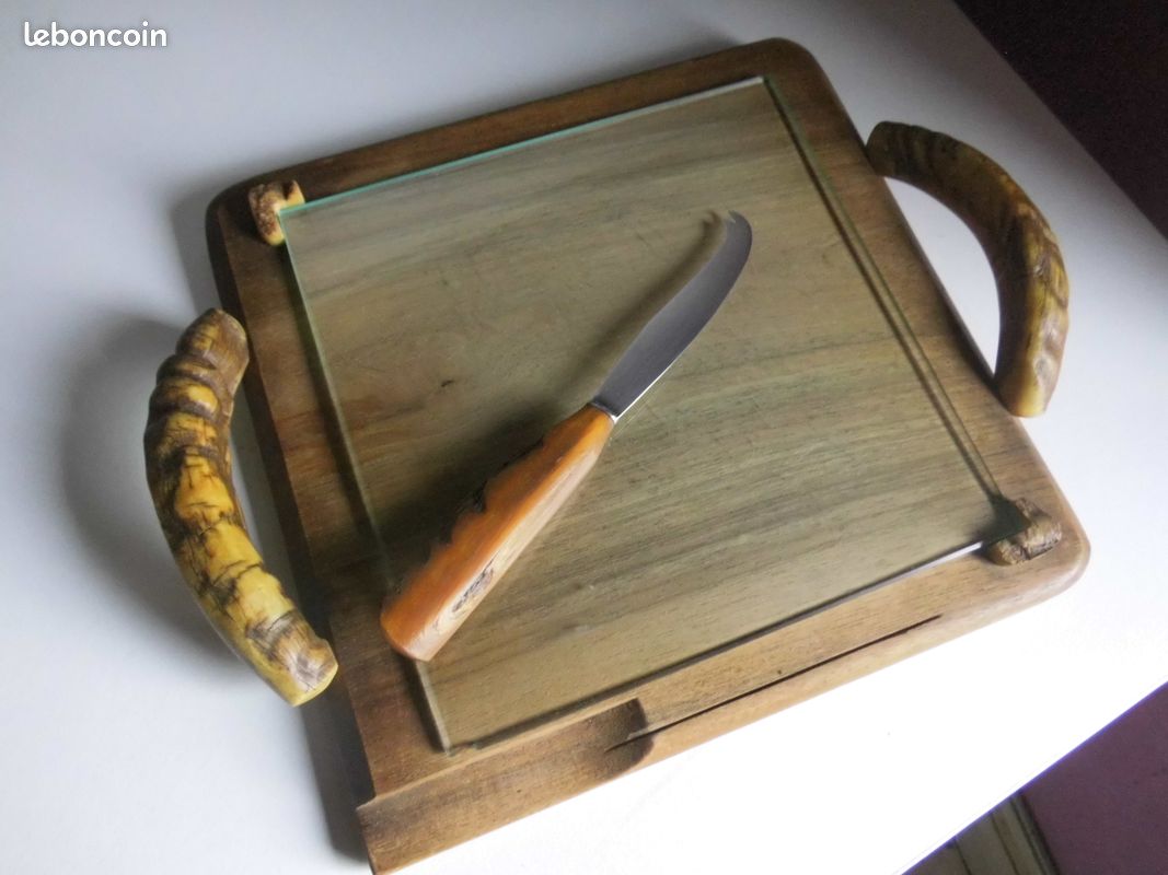 Plateau à fromage vintage Art Déco bois massif verre 26cm bistrot ancien 1950 (image 3)