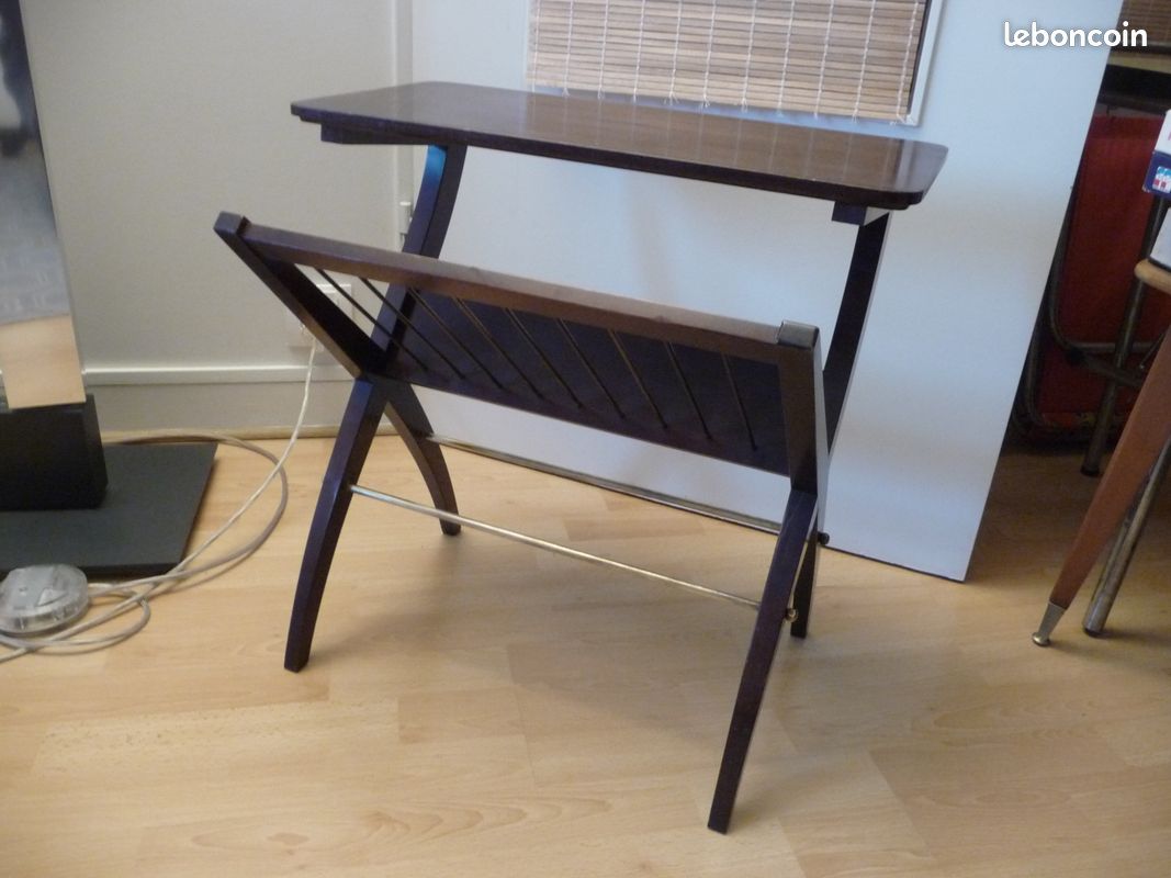 Porte-revues En Bois Et Cuir Vert Avec Incrustations – Vintage 1991
