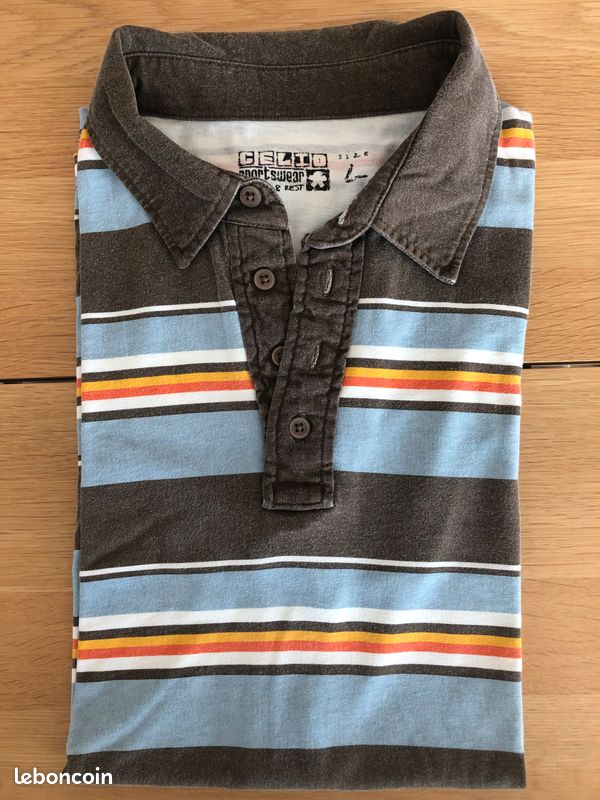 Polo Homme taille L à manches courtes Célio* à rayures chocolat / bleu ciel / orange (image 1)