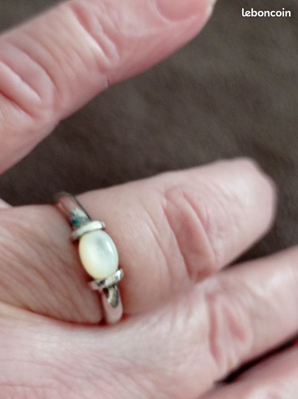 Ancienne Bague En Argent Massif Poinçonnée Avec Nacre - Taille 59 - 14.2g - Occasion