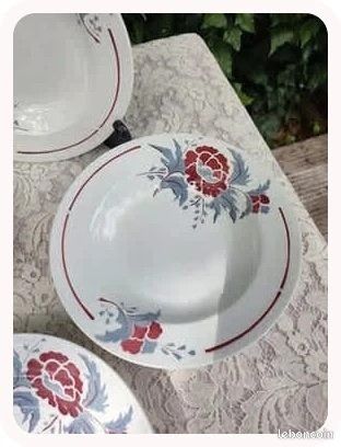 Lot 4 assiettes creuses anciennes Nimy Belgique décor floral Art Déco 23 cm (image 6)