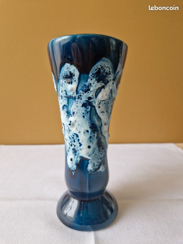Joli Vase En Grès Vintage Style Vallauris, Tons Ocre, Marron Et Bleu, Fait Main, Décoration Intérieure