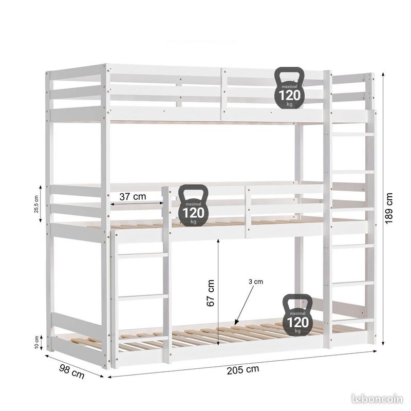 Lit superposé triple avec sommier 90x200 LIT ENFANT 3 COUCHAGES (image 5)