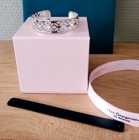 Bracelet Manchette Les Georgettes En Cuir Et Plaqué Argent - Taille Medium - Occasion (très Bon état)