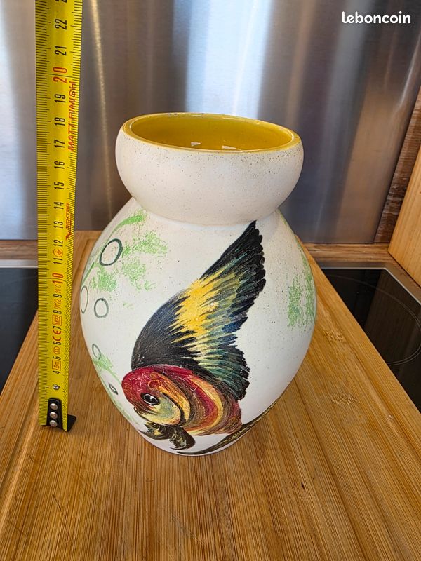 VASE DECOR POISSONS Et Coquillages En Relief 273/ 2 Hb Signe Cerdazur
