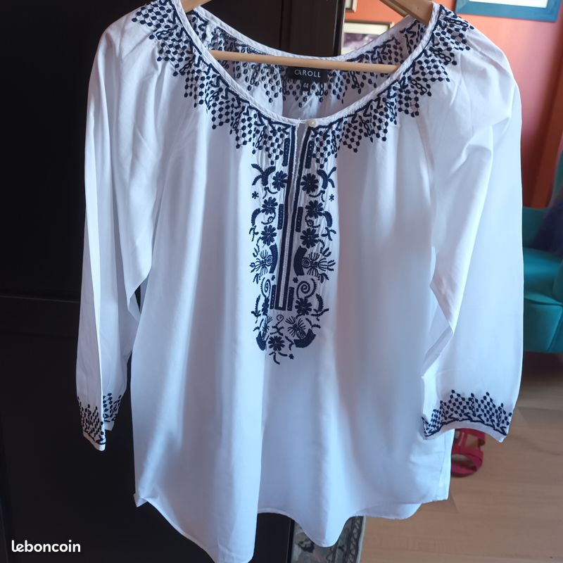Tunique CAROLL - Taille 38 - Coton Bleu Et Blanc à Manches Courtes - Occasion Très Bon État