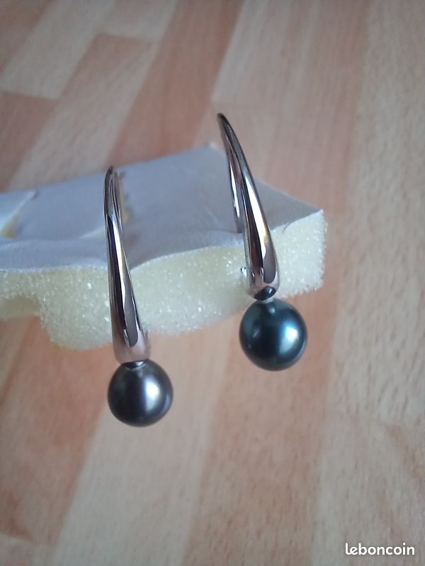 Boucles D'oreilles Pendantes En Argent 925 Avec Perle De Culture Grise - Neuf Sans Emballage