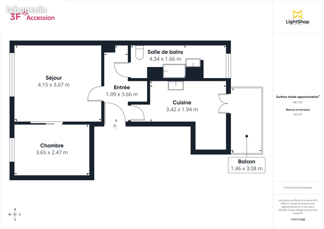 Appartement 2 pièces 44 m² · à Villeneuve-le-Roi · 44 m² · 107 130 €
