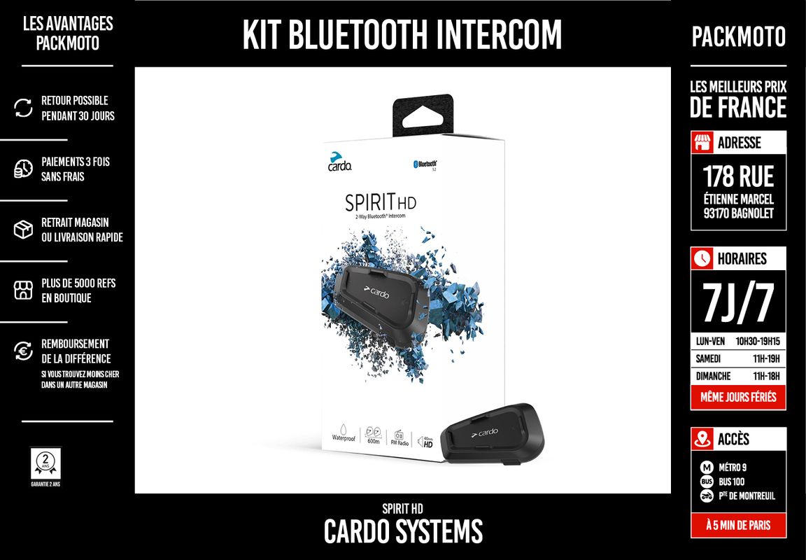 Intercom Bluetooth Cardo Scala Rider Spirit HD Solo - Intercom moto et kit  bluetooth