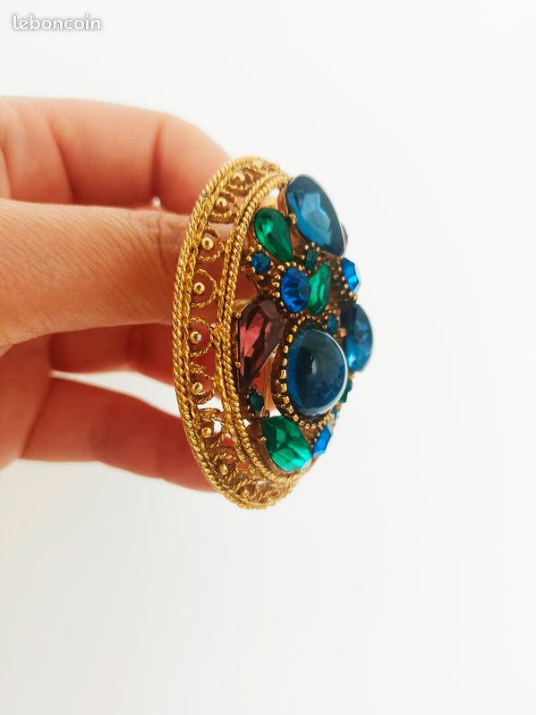 Broche Vintage à Cabochons Multicolore - Métal Doré, Fantaisie, Très Bon état