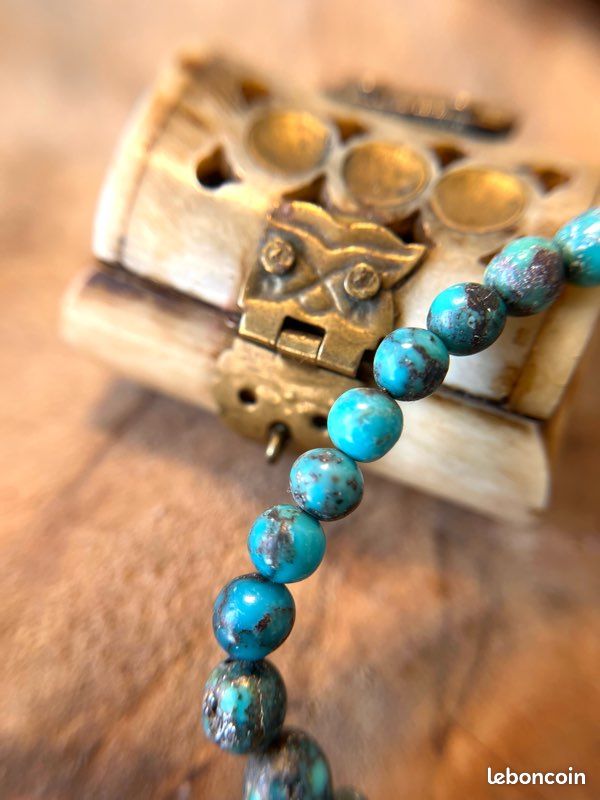 Bracelet En Turquoise Perse Véritable - Pierre Naturelle Bleue - Réalisé Sur Mesure - Neuf Sans Emballage