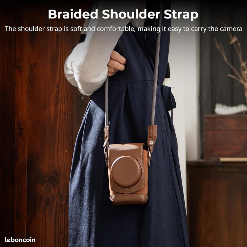 Étui en Cuir pour FUJIFILM X Half, Sac de Transport Rétro à Couverture Intégrale avec Demi-Etui en Cuir, Poche pour Carte Intégrée, Portable avec Bandoulière Tissée (Marron) (image 5)