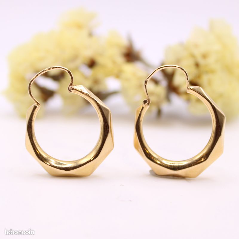 Boucles d’oreilles créoles tout or 18k hexagonales (image 4)