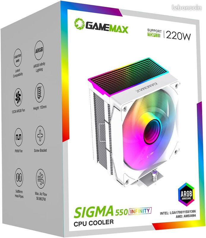GameMax Sigma 550 Dissipatore CPU Air Cooler 220W TDP – 5 Heatpipe Rame, Ventola ARGB PWM 120mm Infinity Mirror Per Intel/AMD - 4