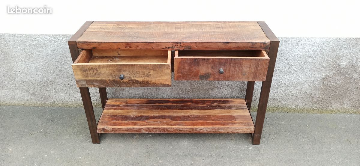 Console en bois ancien avec pieds métal 2 tiroirs (image 10)