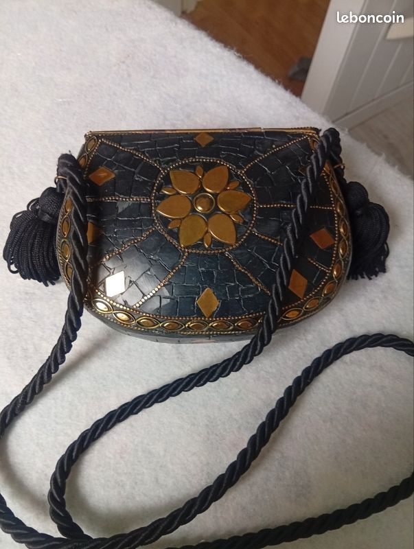 Minaudière Bandoulière Rue Madam En Osier Noir - Fleur Strass, Italie - Neuf Avec étiquettes