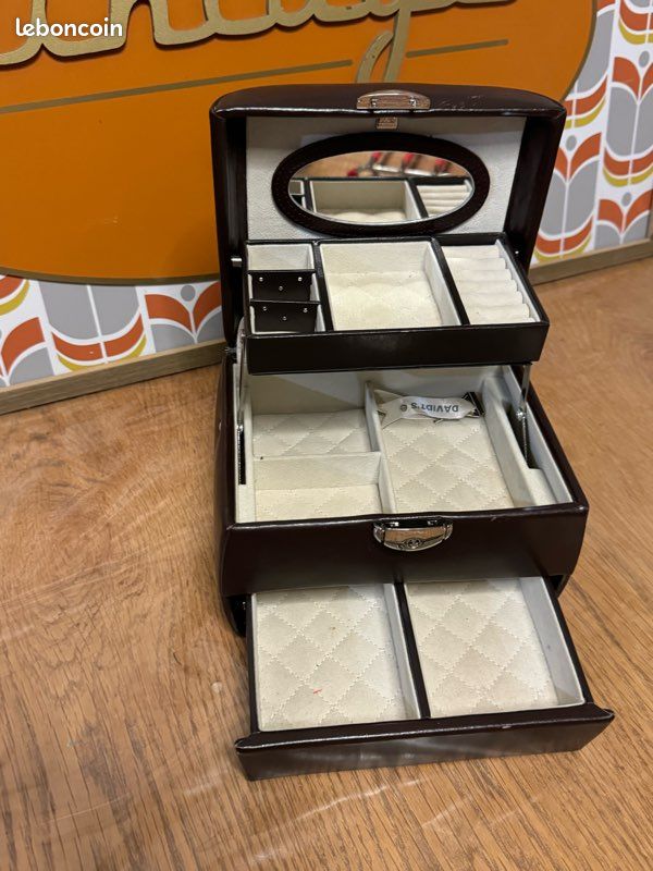 Boîte à Bijoux Simili Cuir Marron - Intérieur Orange Avec Miroir - Occasion