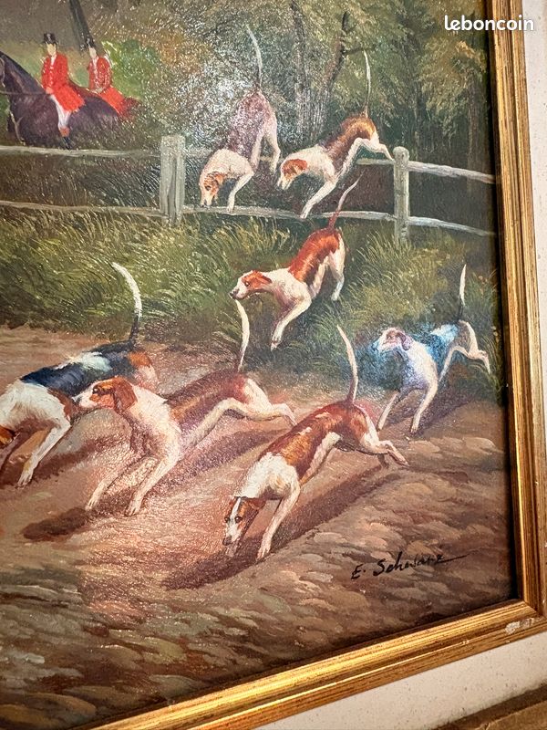 Mini Plaque émail Peinte à La Main - Scène De Chasse Au Renard - Cuivre Et Cadre Doré - Vintage UK