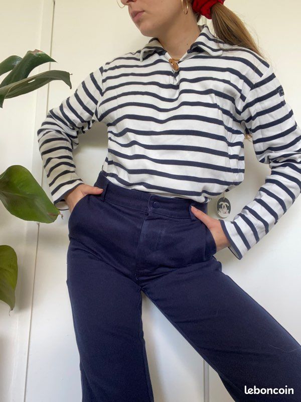 Tee shirt à manches longues sweat pull marinière bleu marine (image 1)