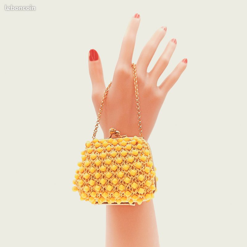 Porte-monnaie Vintage Années 60 en Perles Jaunes Citron, Fermoir Doré, Chaînette Amovible, Accessoire Rétro Élégant (image 1)