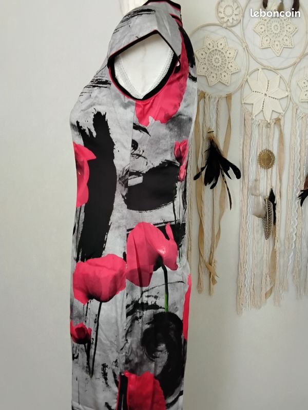 Robe longue cheongsam, noir et rouge, coquelicot (image 9)