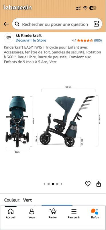 Kinderkraft Easytwist Tricycle Évolutif 9 Mois-5 Ans – Siège Rotatif 360° – Roue Libre – Toit UPF50+ – Poussette