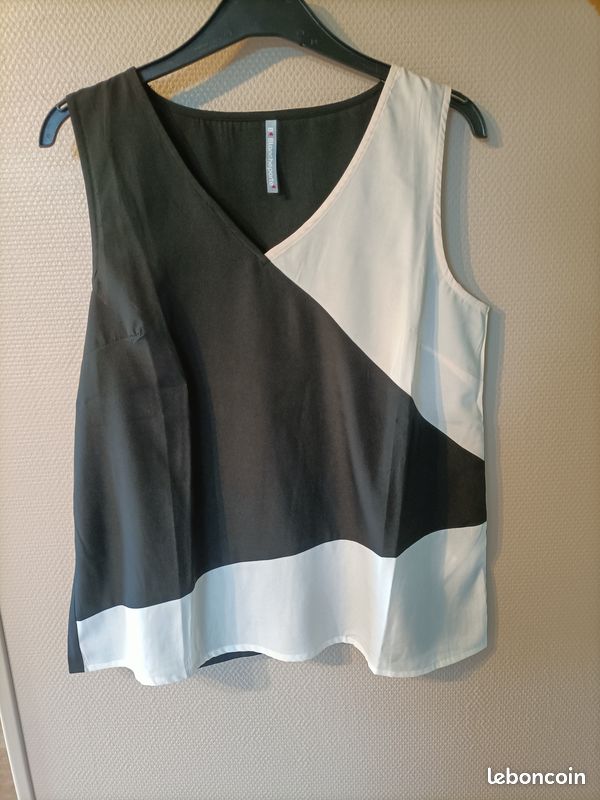 Débardeur motif géométrique noir beige blanc tricolore (image 1)