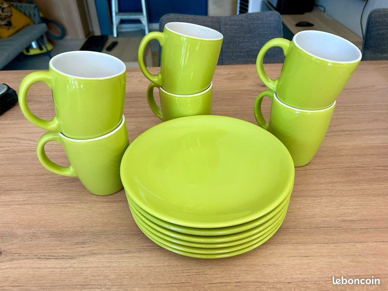 Set Assiettes Dîner Vert Sauge 6 Pièces - Vaisselle Asymétrique Grès 26,5 Cm Four Micro-ondes Lave-vaisselle