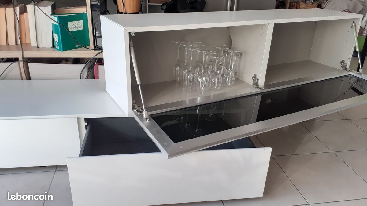 Meuble télé B.O 2 éléments blanc et vitre teintée (image 2)