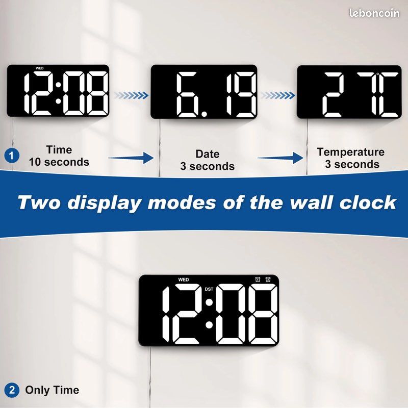 Grande Horloge Murale Numérique 33 Cm LED - Avec Télécommande, Compte à Rebours, 2 Alarmes, Date, Température, Gradation 10 Niveaux