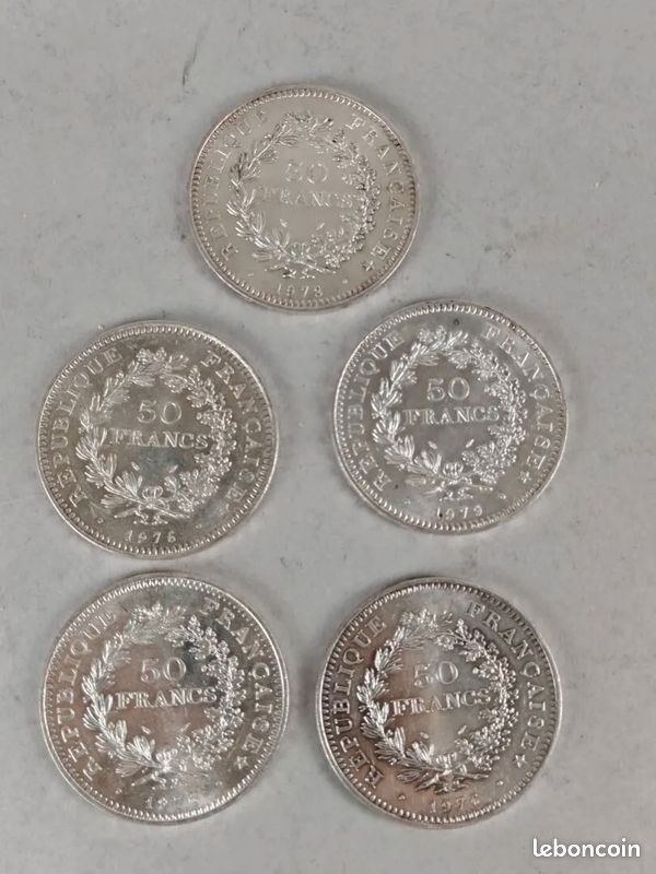 Alençon Uniqt : 5 pièces de 50 francs Hercule en argent 900° (1976, 1979, 1978). Poids : 149 gr (image 1)