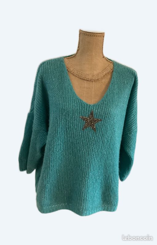 Pull En Laine Turquoise Et Gris Cassis Collection - Taille Unique (S) - Occasion Très Bon état