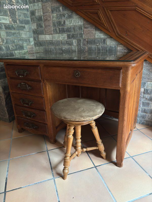 Bureau Ancien En Bois Massif – Avec Plateau Verre – 163x89x79 Cm – + De 5 Tiroirs