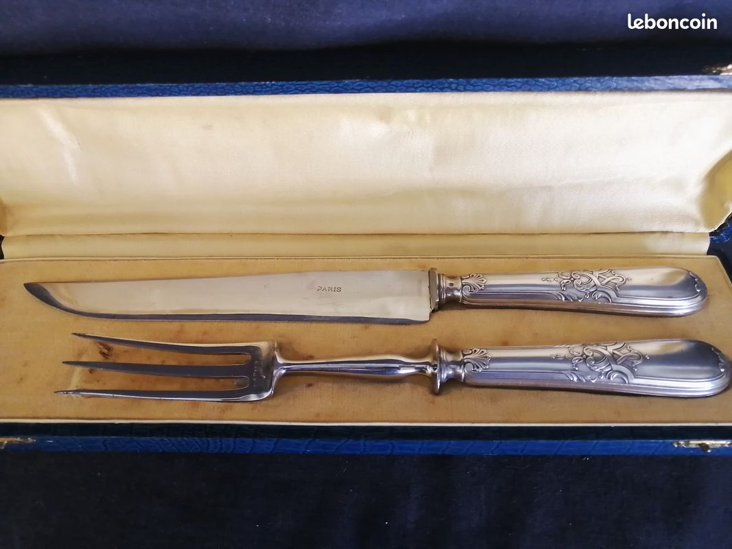 Set couverts pour couper la viande en métal argenté et acier forgé, style Napoléon III (image 1)
